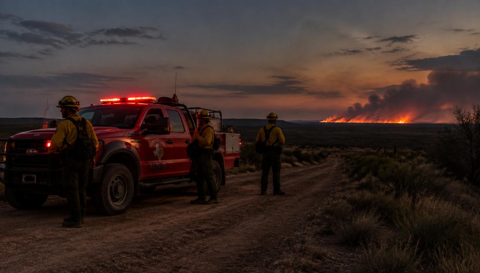Fire engine crew at a Texas grass fire at dusk
